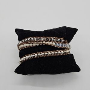 brown cord wrap bracelet with white milky and silver beads